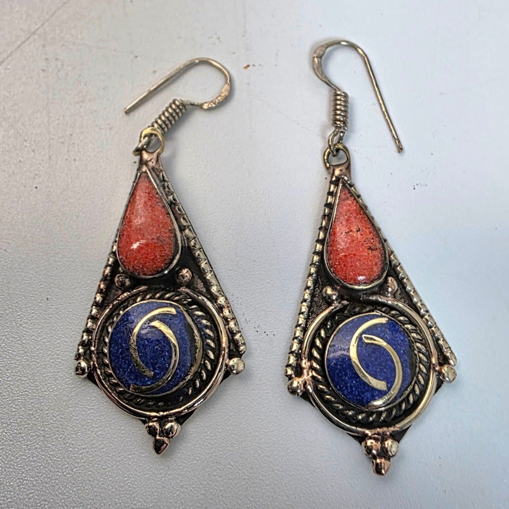 Tibetan Handmade Lapis Red Coral Silver Dangle Earrings Boho - Picture 3 of 4